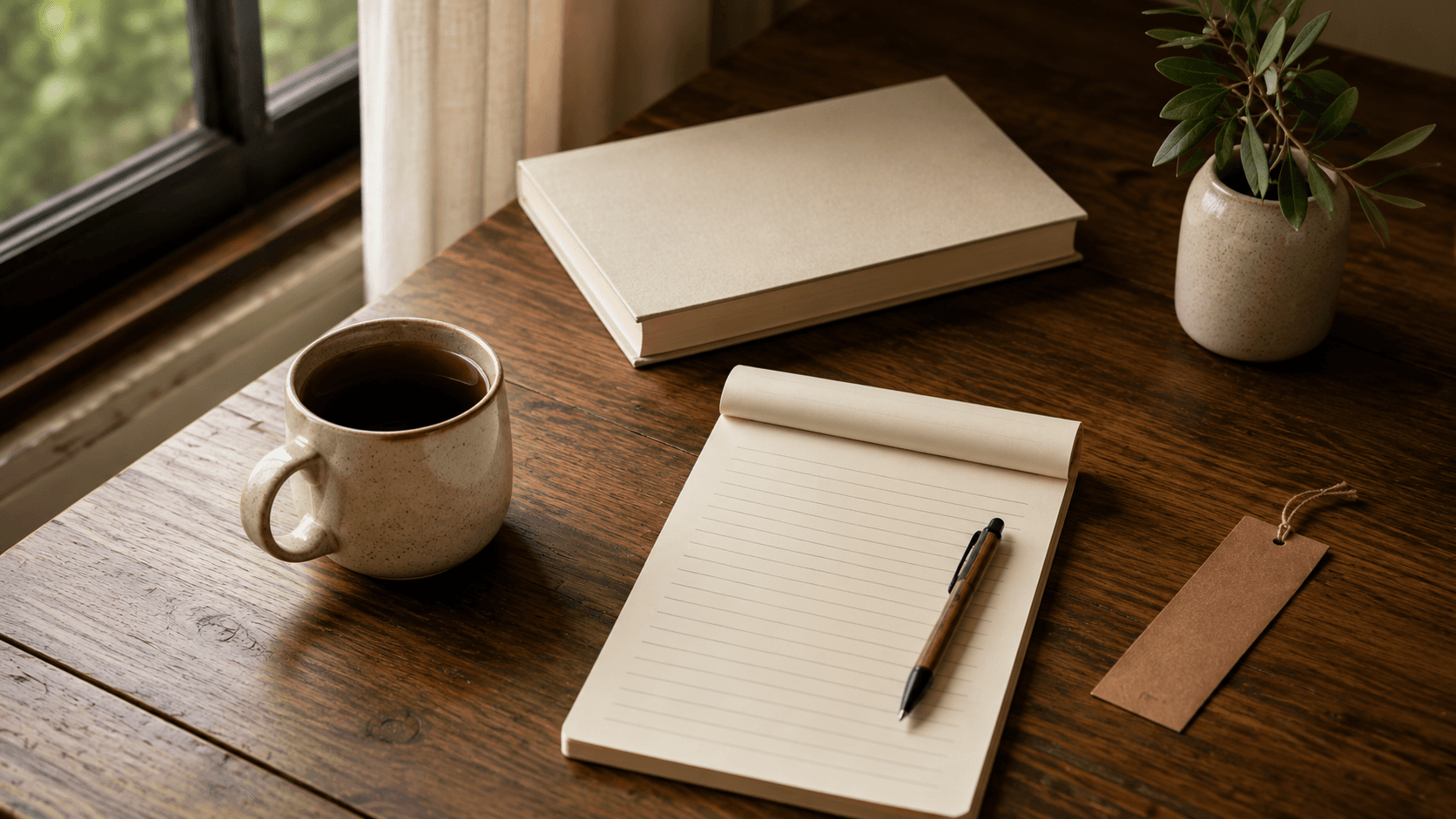 Livro aberto ao lado de caderno, caneta, celular e xícara em uma mesa com luz de leitura.