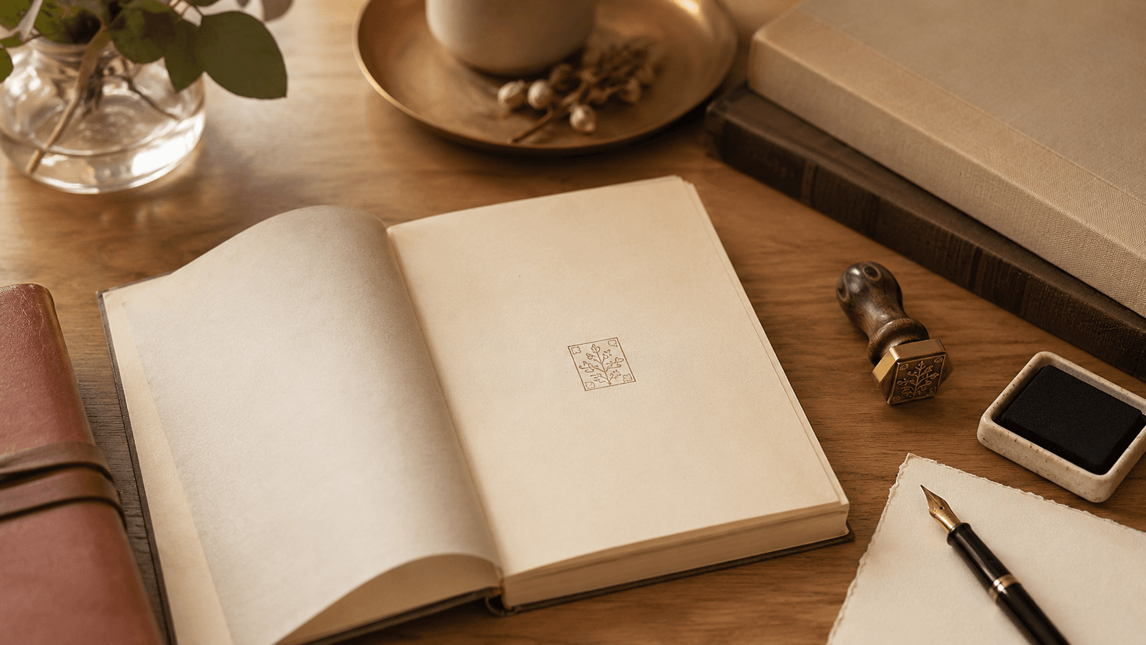 Livro aberto ao lado de caderno, caneta, cartas e outros livros sobre uma mesa de madeira.