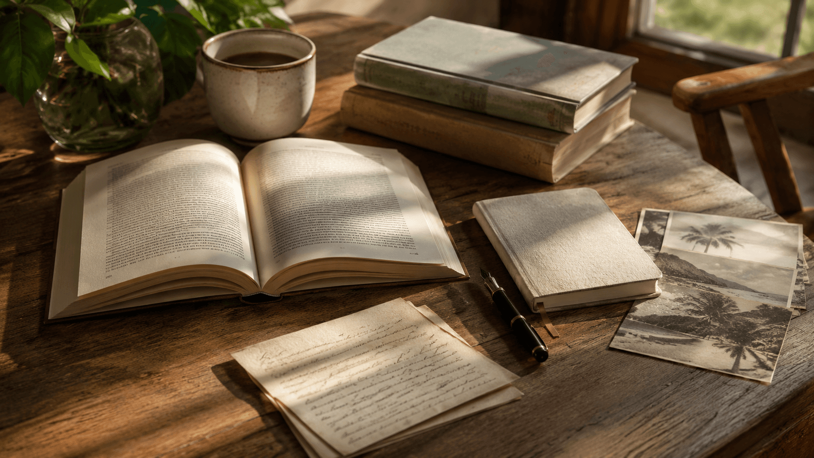 Mesa com livro impresso, carta, caderno e caneta em luz natural, sugerindo uma leitura analógica e tranquila.