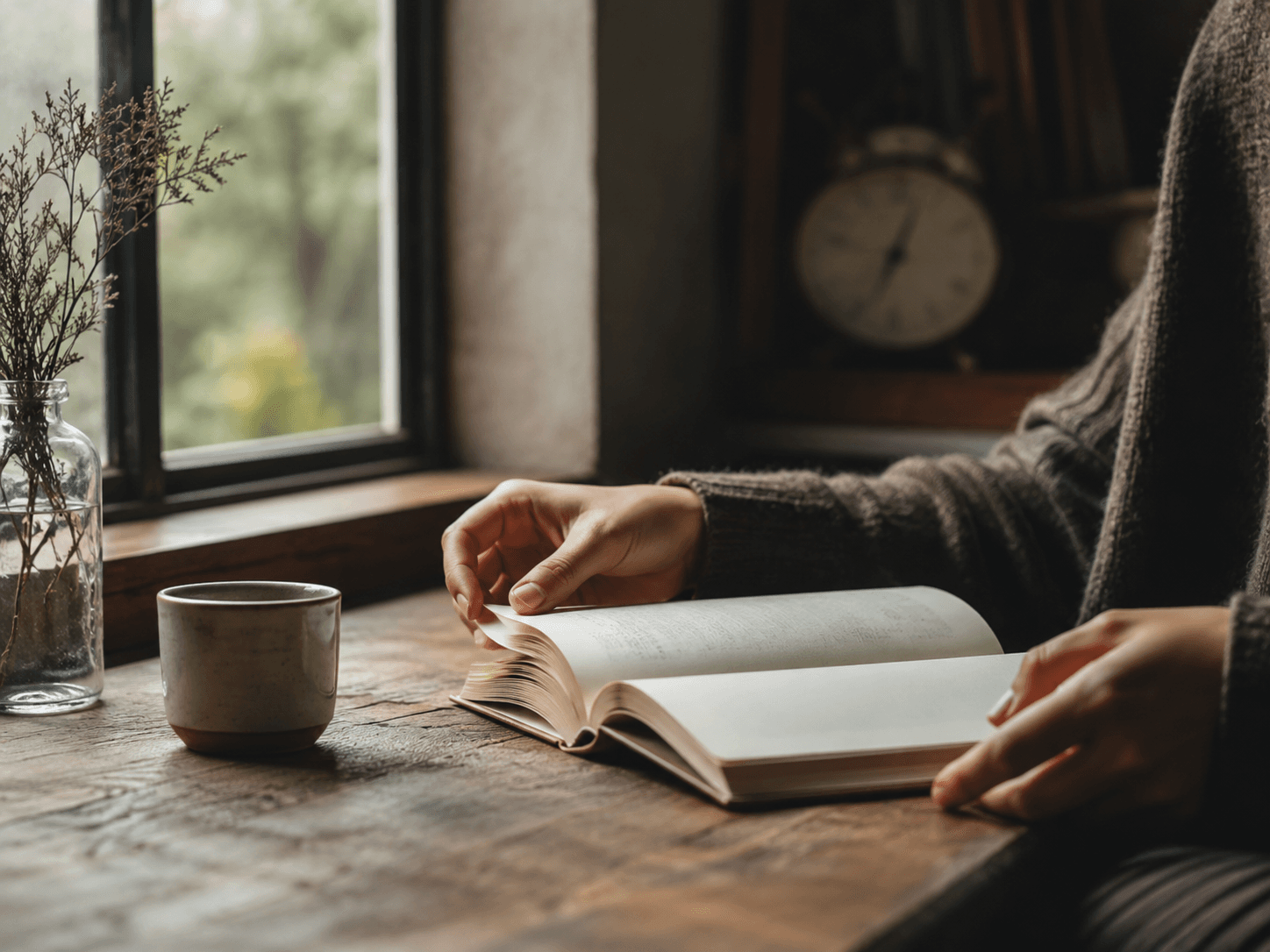 Livro aberto perto de uma janela com xícara e luz suave, sugerindo uma leitura lenta e tranquila.