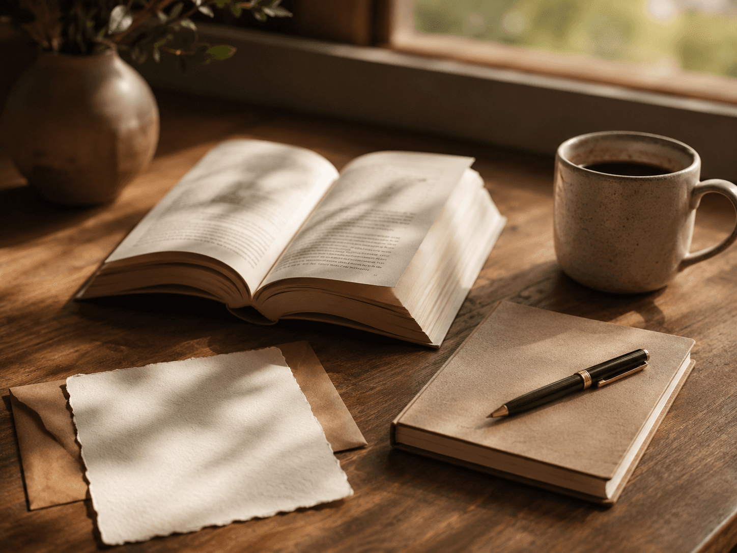 Caderno aberto com escrita desfocada, livro e caneta em uma mesa, sugerindo uma narrativa em forma de diário.