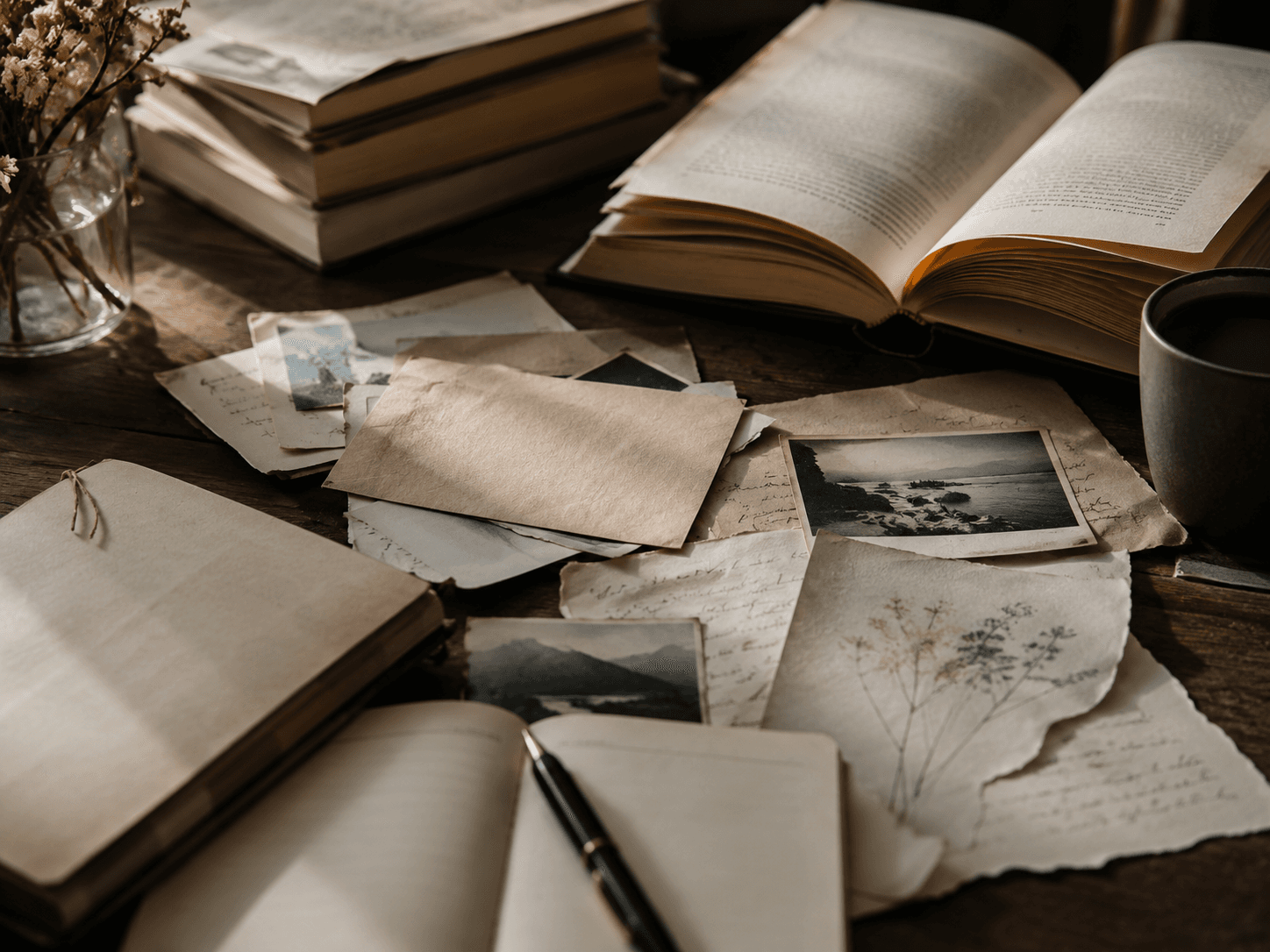 Mesa com livro aberto, notas, envelope, diário e pequenos papéis, sugerindo uma história montada por fragmentos.