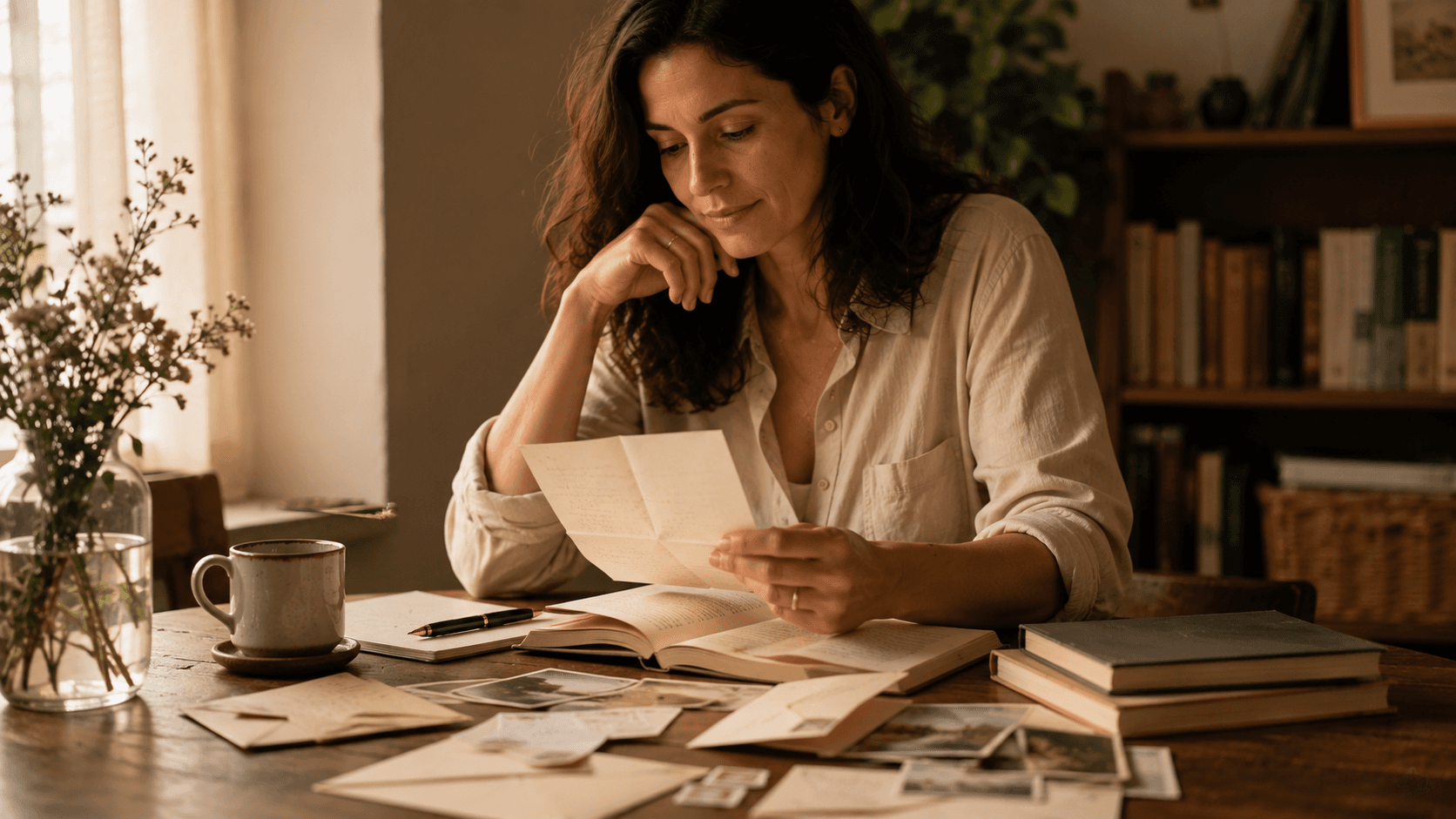 Mulher lendo uma carta em uma mesa com livros, envelopes e papéis, sugerindo uma narrativa epistolar.