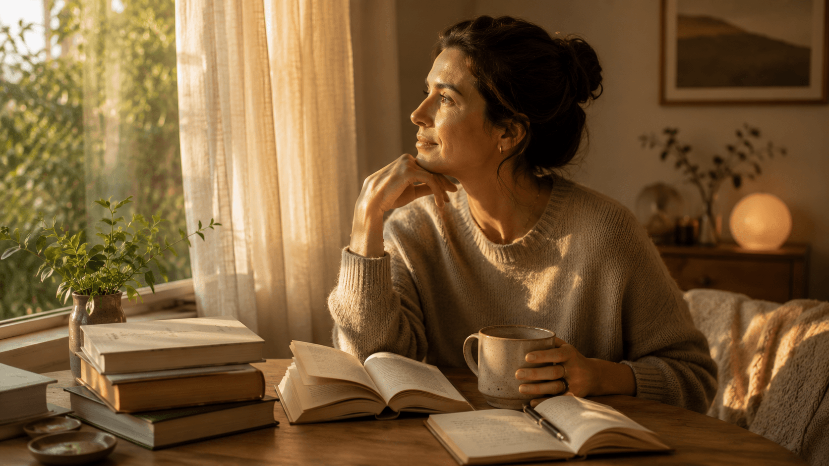 Mulher lendo perto da janela com livros, caderno, plantas e luz dourada